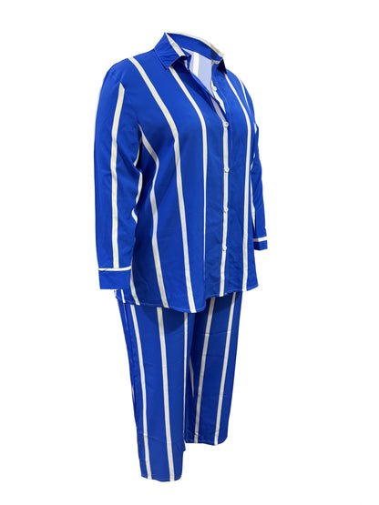 Women's Two-piece Striped Long-sleeved Button- Shirt with Wide-leg Trousers with Pockets
