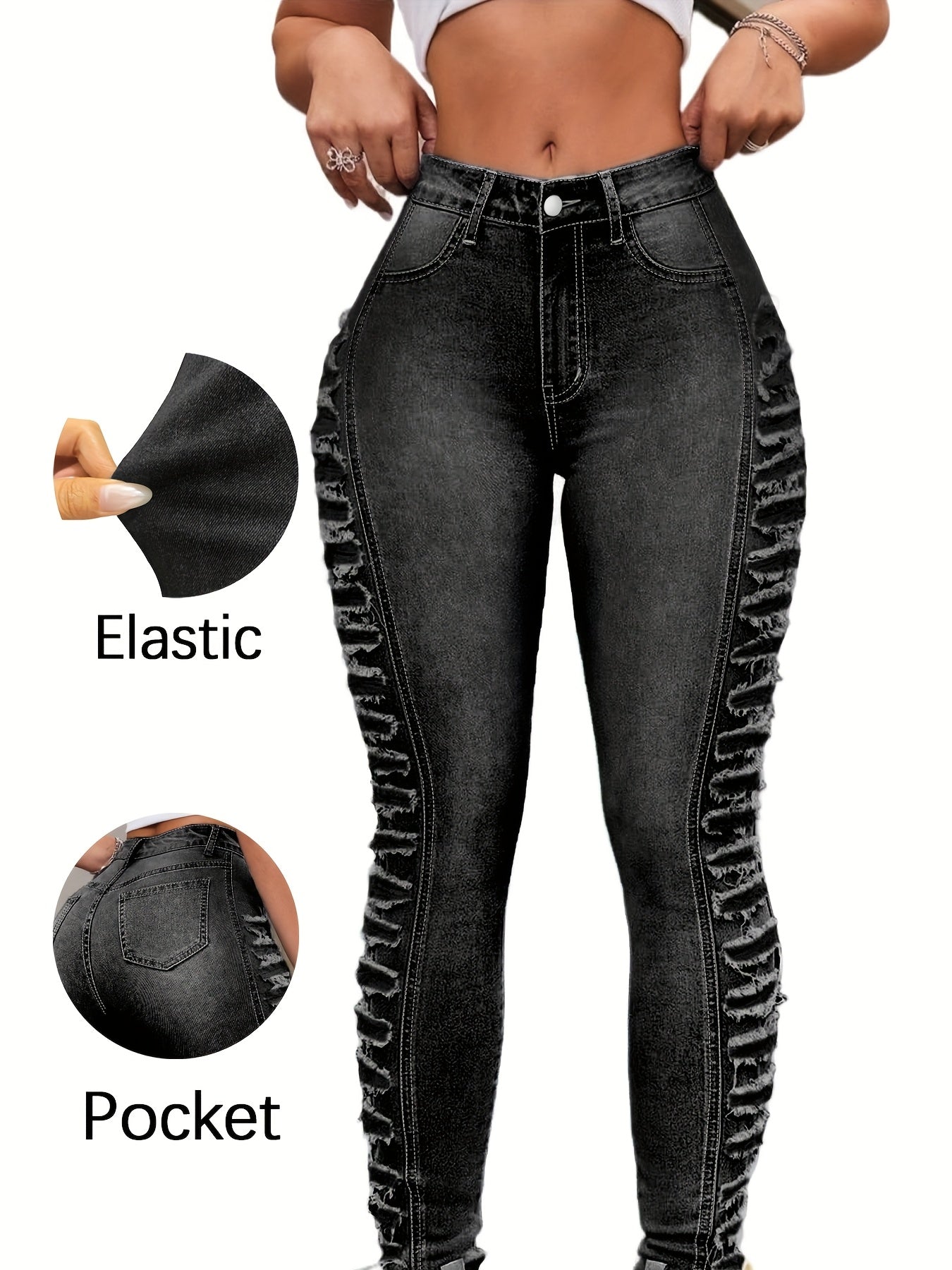 Extra Large Size Blue Jeans | High Waist Elastic Tight Hip Lifting Sexy Pencil Pants, Ripped Details, All-season, Machine Washable, Comfortable Fabric, Fashionable and Casual