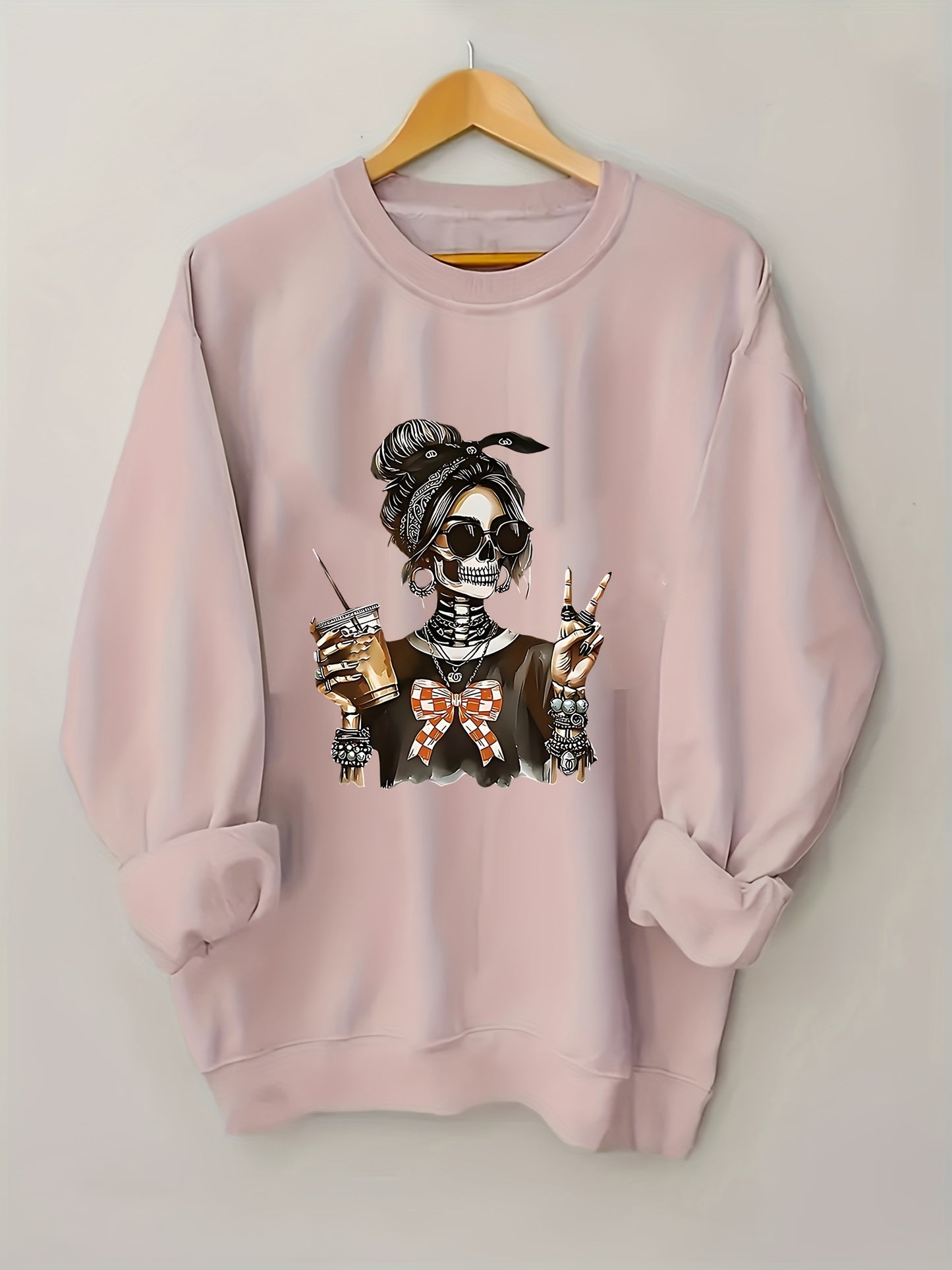 Skeleton - Themed with Trendy Accessories And Gestures Pattern Print Women's Sweatshirt, Comfortable All Seasons, Machine Washable