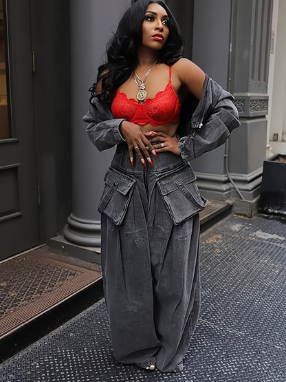 Womens Two Piece Sets Denim Outfit Ruched Long Sleeve Zip Up Cropped Jean Jacket Wide Leg Pants Chic Set