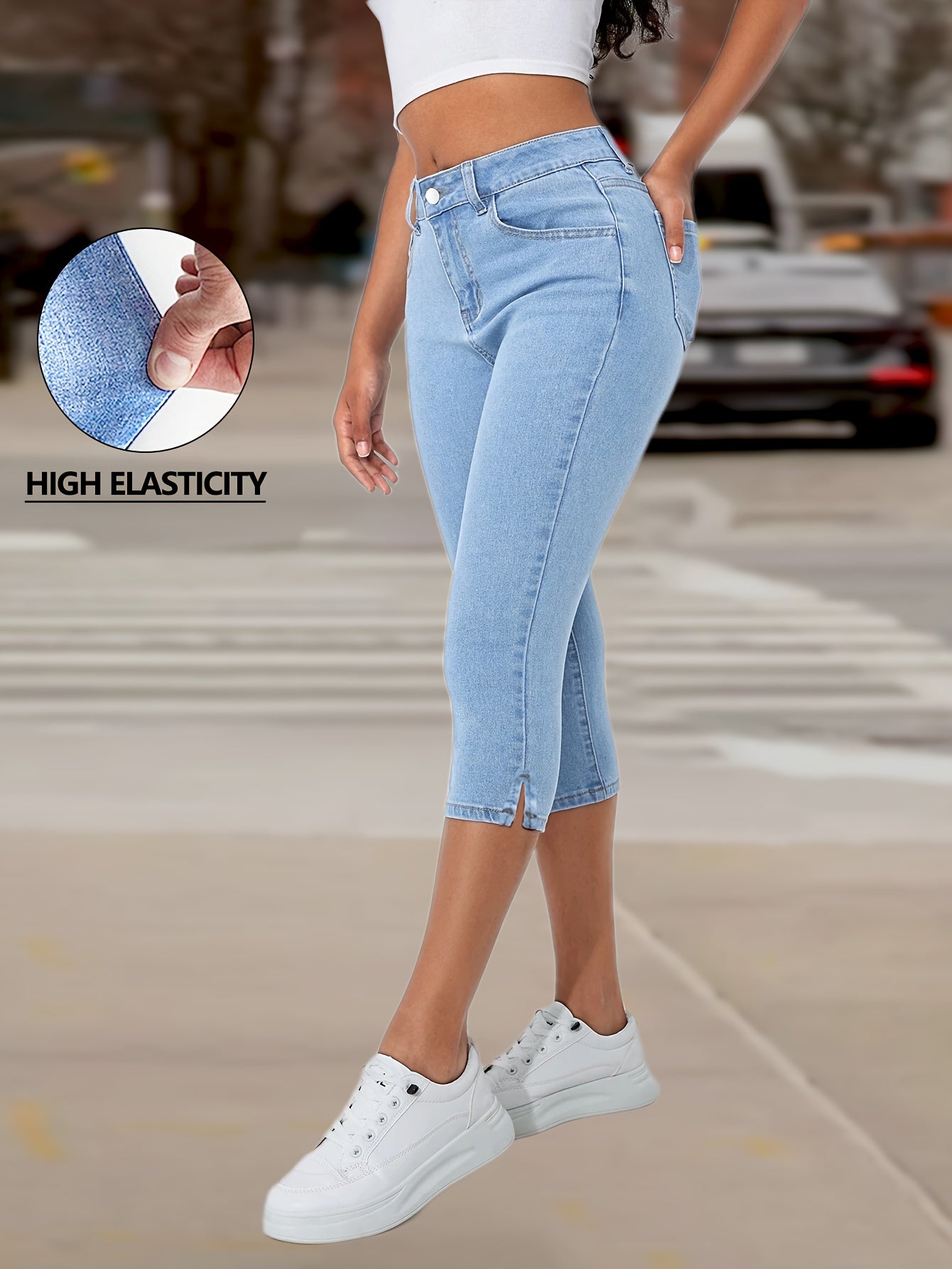 Womens Light Blue High Waisted Stretch Denim Capri Pants Ankle Length Split Hem Design Slim Fit Tummy Control Bootcut Flare Leg Casual Chic Style Comfortable Elastic Waistband Versatile Daily Wear Machine Washable Plus Size XS to XL All Season