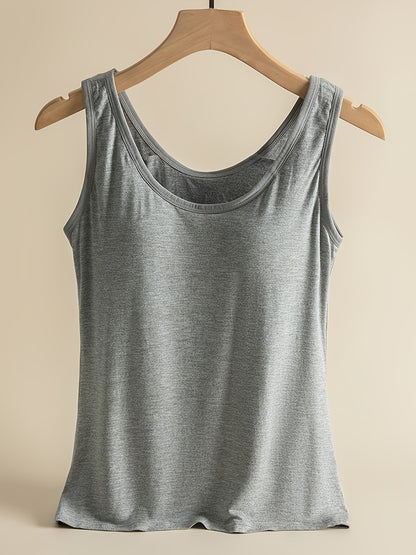 3pcs Solid Color Stretch KnitTank Top, Bottoming Vest T-shirt, Built-in Padded Cups- Regular Length, Round Neck, Casual SportswearWomen'S Comfort Fit Casual Sports Bra With Breathable Fabric- Black&White&Grey