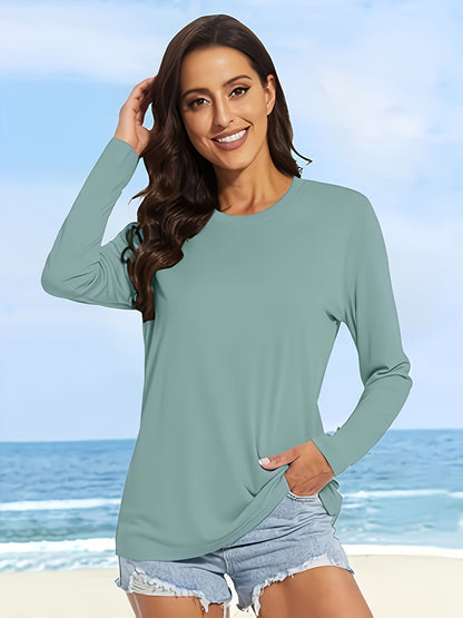 10pcs Women'S Long Sleeve Crew Neck T-shirts - Casual Solid Colour Tops - Fine Beaded Ground Fabric For And Outdoor