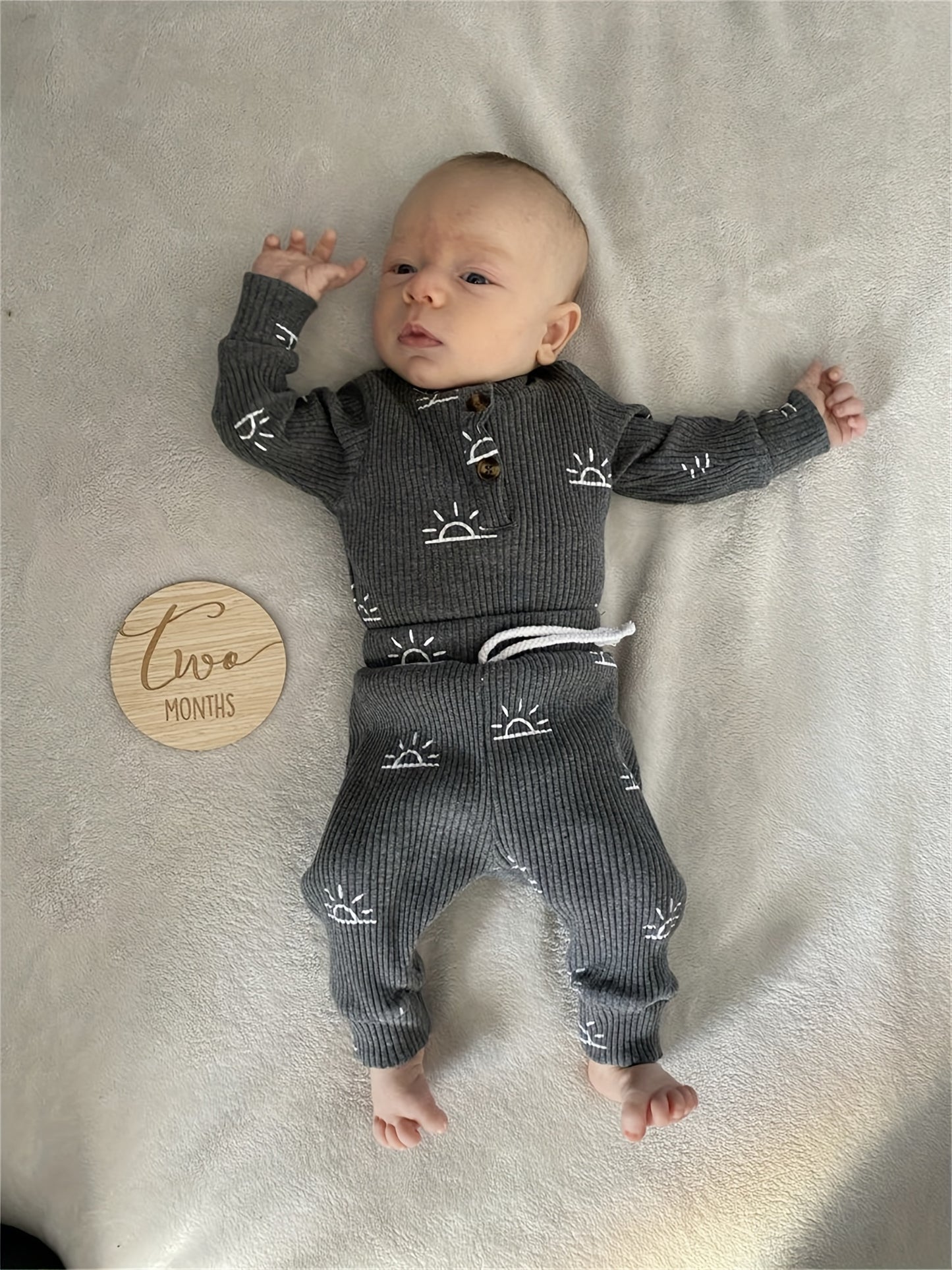 Kukitty Baby Boys Clothes Newborn Ribbed Long Sleeve Romper with Sun Pattern Pants Hat Outfits Set, for Outdoor