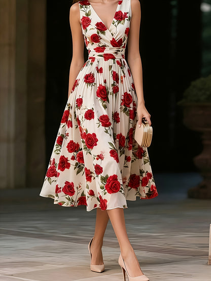 Beige Floral Chiffon V-Neck Sleeveless A-Line Midi Dress