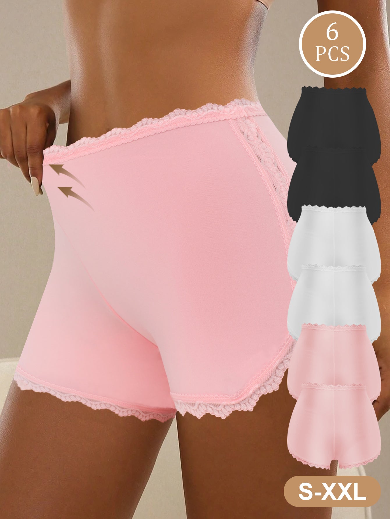 6pcs Women's Fashion Underwear, Lace Splicing, Skin-friendly and Breathable, Daily Home Office Boxer Briefs