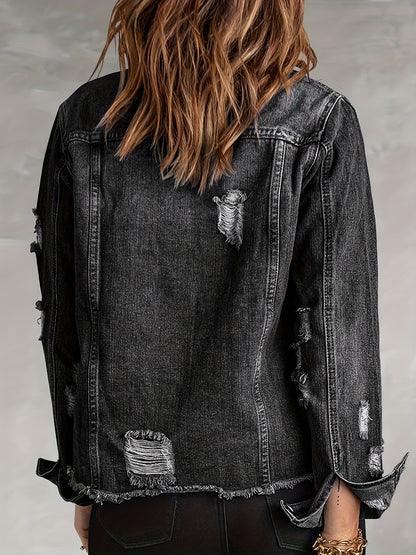 Women's Ripped Washed Button-Up Boyfriend Denim Jacket Coat with Pockets, Casual Classic Distressed Denim Outerwear TZ001