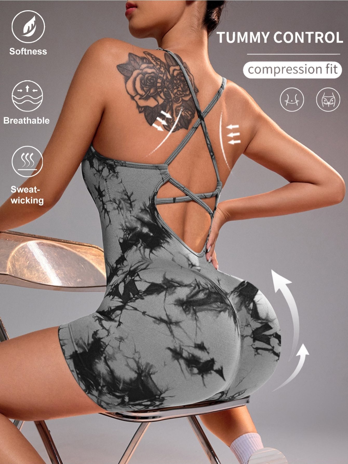 Stretchy Seamless Women's Tie-Dye Crisscross Backless Yoga Bodysuit, Athletic Sports Padded Romper Jumpsuit, Butt Lifting Fitness Shorts Workout Clothing for Gym Running Biking Outdoor Tennis, Womens Summer Clothing Fitness Wear Daily Wear Activewear, Bir
