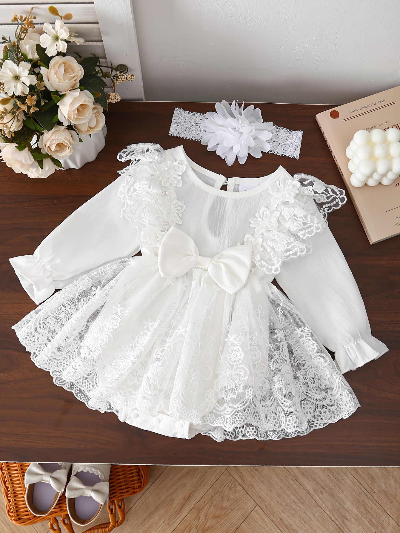 2pcs Baby Girl'S Lace Dress Set, Crew Neck, Long Sleeve, Solid Color, Non-Stretch Fabric, with Contrast Lace Detail, with Matching Floral Headband, for Spring/Fall, Elegant Princess Style Ha Yi Skirt Outfit for Children