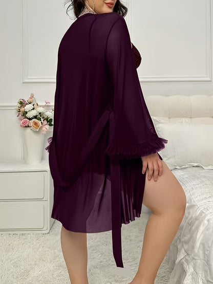 Plus Size Women's Solid Color Elegant Sexy Comfortable Mesh Lace Splicing Bow Thin Strap Nightgown+ Wide Sleeve Robe Pajama Loungewear 2pcs Set