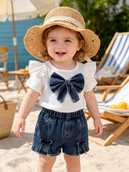 New 2pcs Baby Girls Set with 3D Flower And Bow Flutter Sleeve Top And Denim Shorts, Lightweight Breathable, Suitable for Daily School Outdoor Outings And Summer Outdoor Sports And Leisure for Girls, for Outdoor