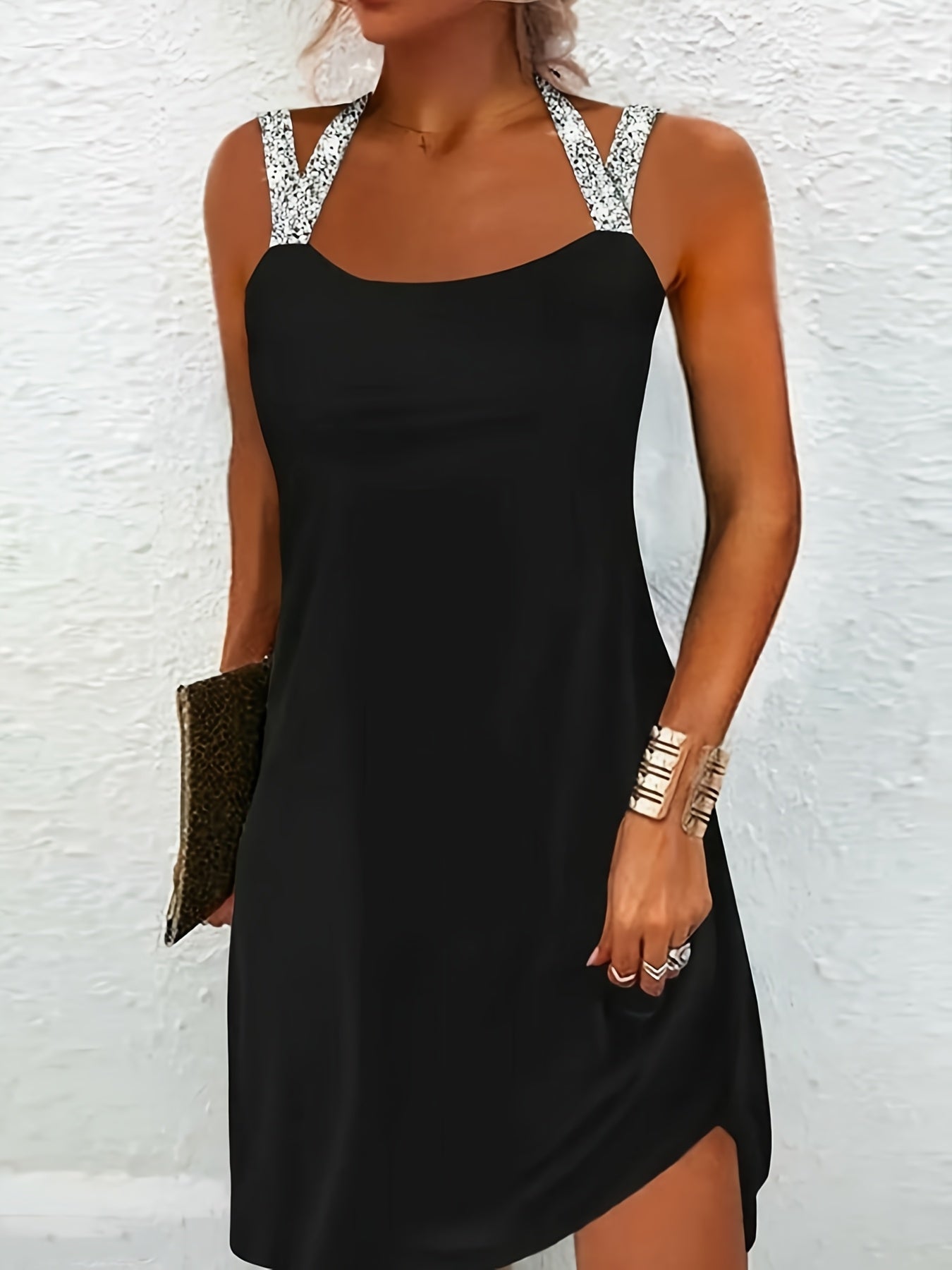 Women's Black Spaghetti Strap Mini Dress with Sparkly Cross Shoulder Straps for Party, Date And Casual Wear