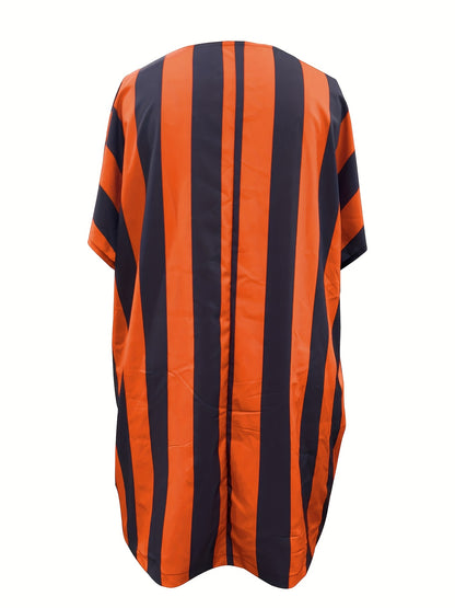 Fashion Striped Large Size Double Pocket Design Bat Sleeves Large Size Dress