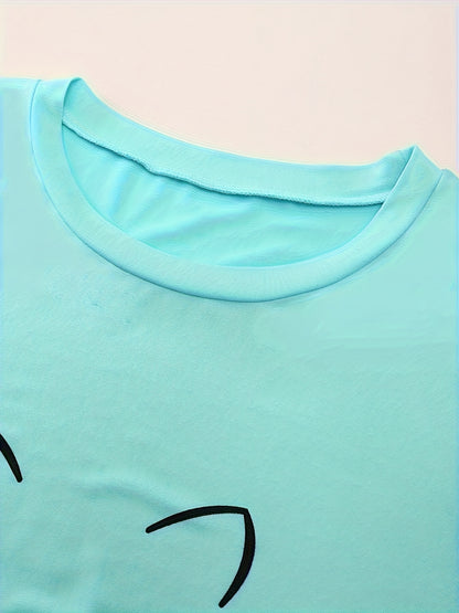 [Cozy Cat Sleepwear] Cozy Cat Women's Plus Size Sleepwear Nightgown | Short Sleeves, Light Blue Color, Whimsical Cat Design, Ensures Pleasant Slumber