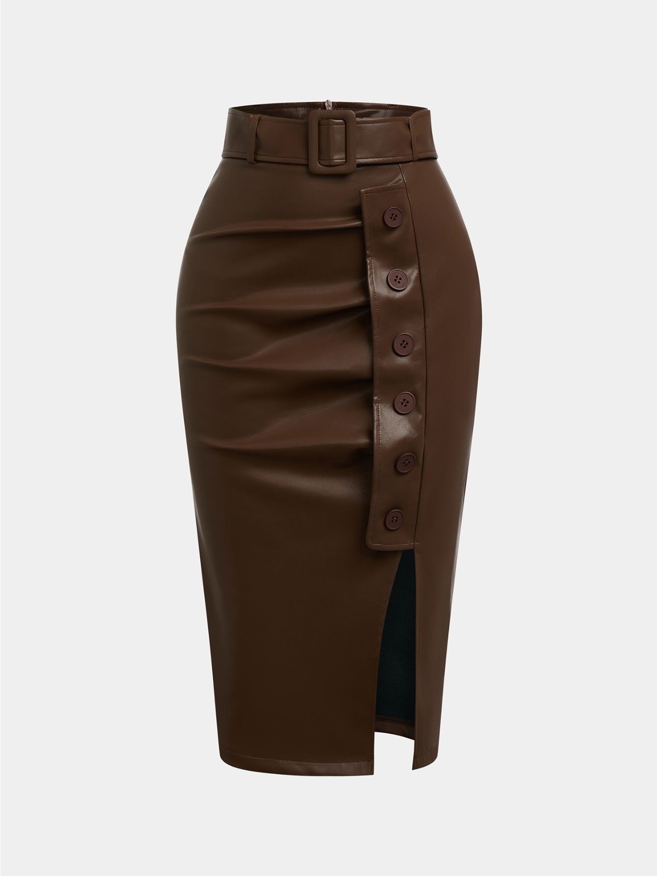 GlOURI Women's Brown Faux Midi Skirt - High Waist with Wide Belt & Side Button & Slit Detail | Slim-Fit Elegant Style for Casual Daily, Office Commute & Fashion Styling (Faux Durable & Figure-Flattering) for Edgy Looks