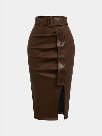 GlOURI Women's Brown Faux Midi Skirt - High Waist with Wide Belt & Side Button & Slit Detail | Slim-Fit Elegant Style for Casual Daily, Office Commute & Fashion Styling (Faux Durable & Figure-Flattering) for Edgy Looks