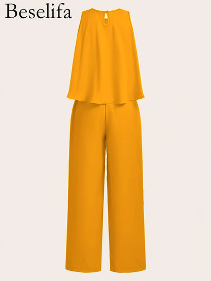 New Summer Elegant Round Neck Sleeveless Loose Hem Cropped Top Straight Trousers Women'S Two-Piece Set
