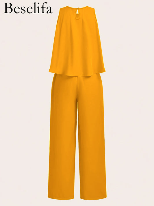 New Summer Elegant Round Neck Sleeveless Loose Hem Cropped Top Straight Trousers Women'S Two-Piece Set
