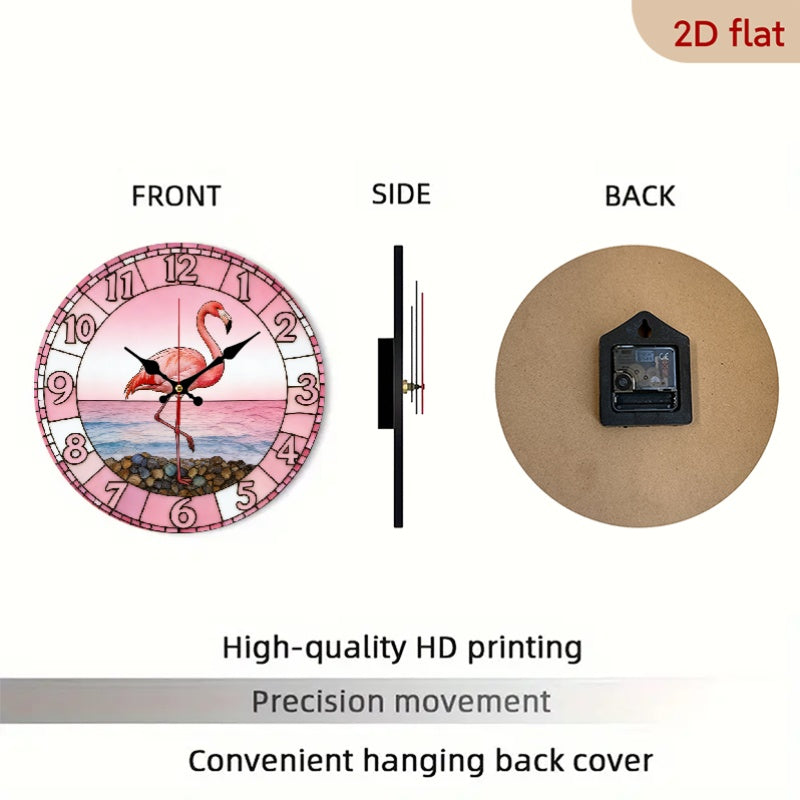 Nursery Wall Clock Pink Flamingo on Sunset Beach in Stained Glass Design for Tropical Home, Poolside, Bedroom Silent Non-Ticking Movement, Boho Coastal Decor, 10inch Nursery Decor Wood Clock, (Batteries Not Included), 2D Flat, 1pc, 2D Flat