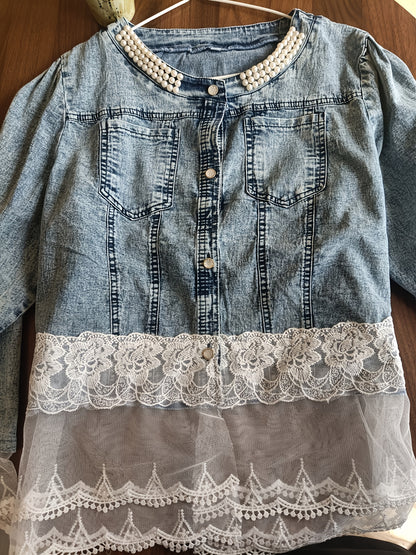 Women'S Casual Jacket, Lace Floral Pattern, Exquisite Buttons, Daily Fashion Beaded Denim Jacket, Very Suitable for Spring And Autumn
