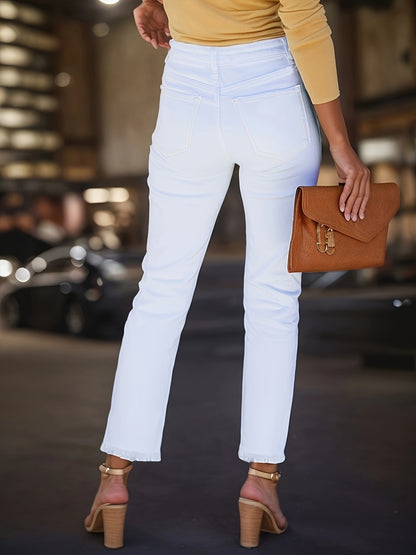 2025 New Fashion White Straight Leg Plain White Casual Style Zipper Button Closure Denim Pants, Women'S Denim Jeans And Clothing