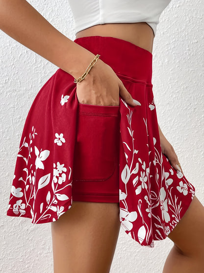 Women'S Summer Casual Solid Color High Waist Short Skirt Simple Floral Print Shorts Culottes With Pockets
