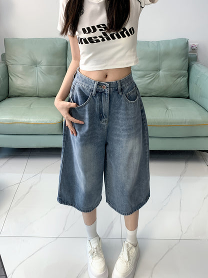 High-Waisted Denim Shorts for Women, Featuring a Casual Straight Leg Design with a Button Fly, Available in Solid Colors with a Slight Stretch And Washed Detailing, Perfect for Spring And Summer