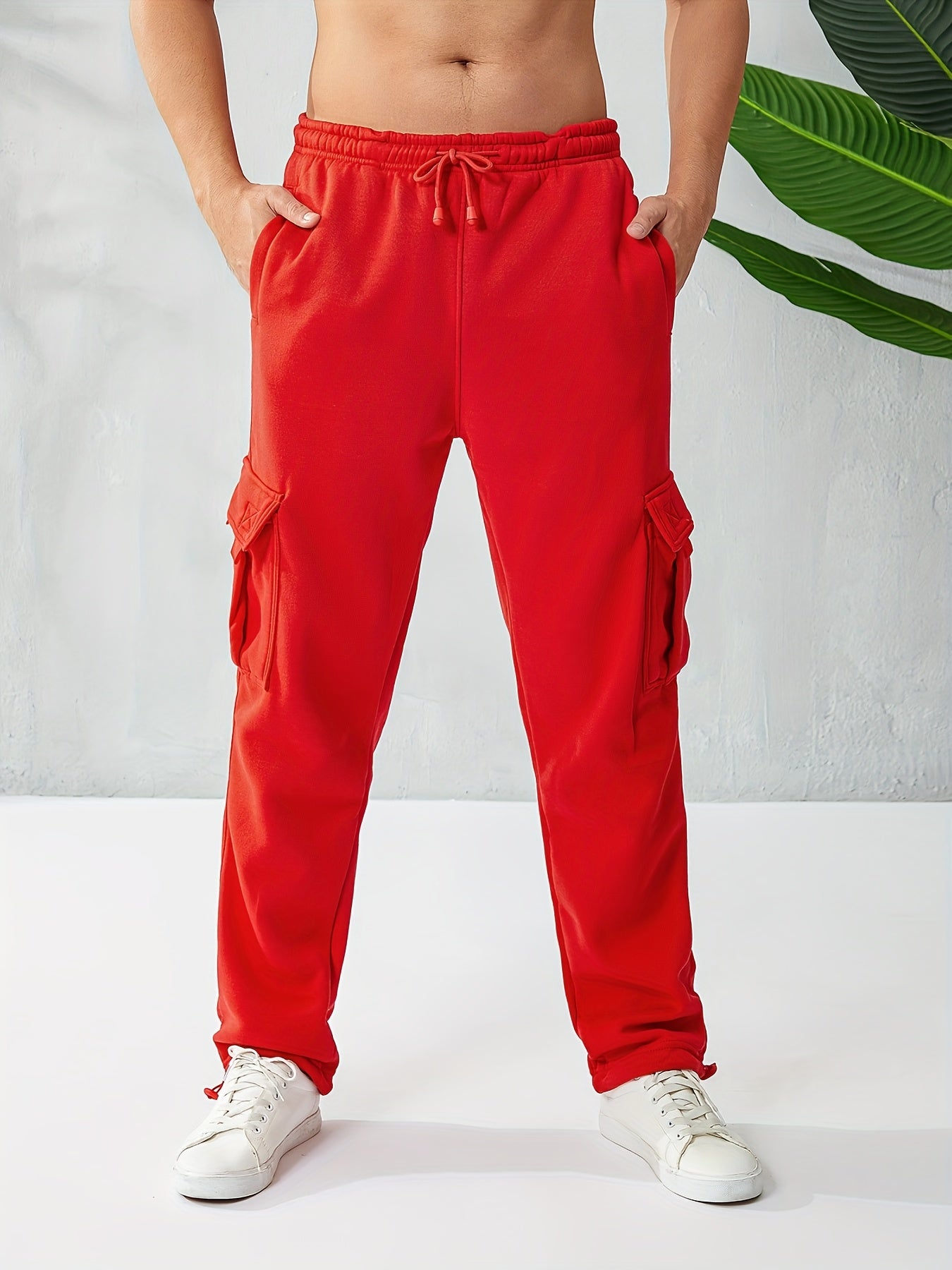 Men Solid Color Sweatpants, Adults Casual Style Cargo Pants with Pockets Drawstring