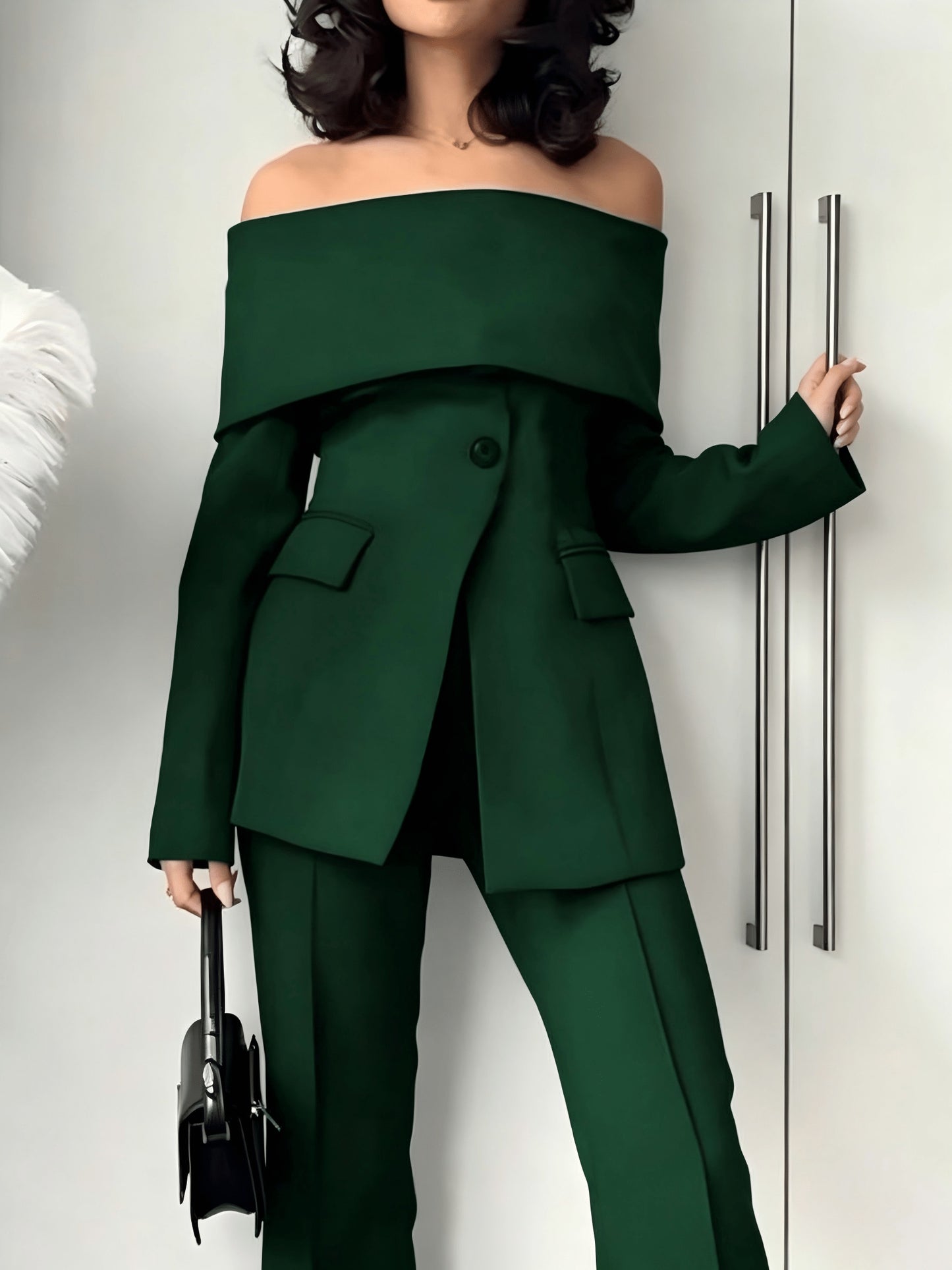 Fashionable Women'S Tops, Long-sleeved Solid-color Front-slit Spliced Sexy Off-the-shoulder Blazer, Sizes S - XXL