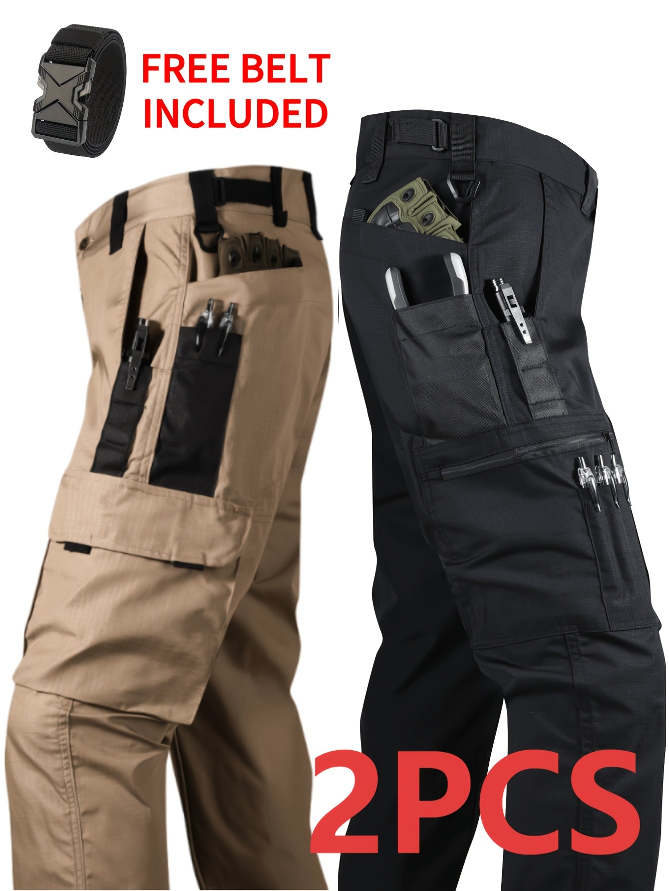 2-PCSMen's Lightweight Tactical Overalls - Durable, Breathable, Quick Dry Polyester with Multiple Pockets for Outdoor Adventures, Hiking And Work (Belt Included), All Season Pants | Relaxed Fit Pants | Hardwearing Outdoor Wear, Hiking Pants