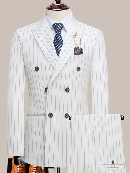 Latest Men's Suit Striped Double-Breasted Suit Spring/ Summer/ Autumn Thin Two-Piece Set with Frill Collar Striped Style Four Buttons Suit Business And Casual Dress Collar Necklace Decoration Slimming Dress Casual Suit White Suit