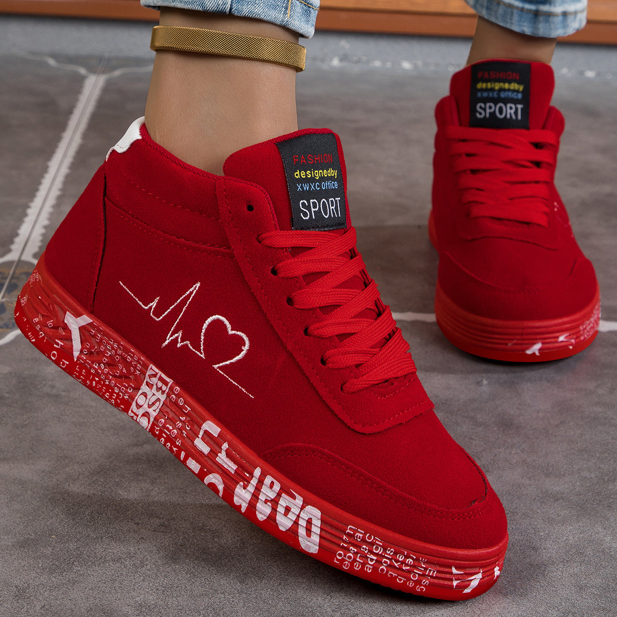 Women's Red High-Top Skate Sneakers - Lightweight, All-Season Casual Outdoor Shoes with Heartbeat Design, Rubber Sole, and Fabric Lining for Couples, Skate Shoes, Women Shoes