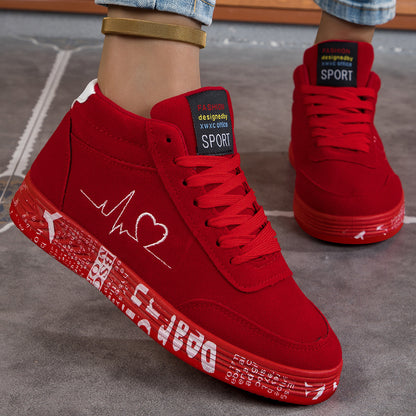 Women's Red High-Top Skate Sneakers - Lightweight, All-Season Casual Outdoor Shoes with Heartbeat Design, Rubber Sole, and Fabric Lining for Couples, Skate Shoes, Women Shoes