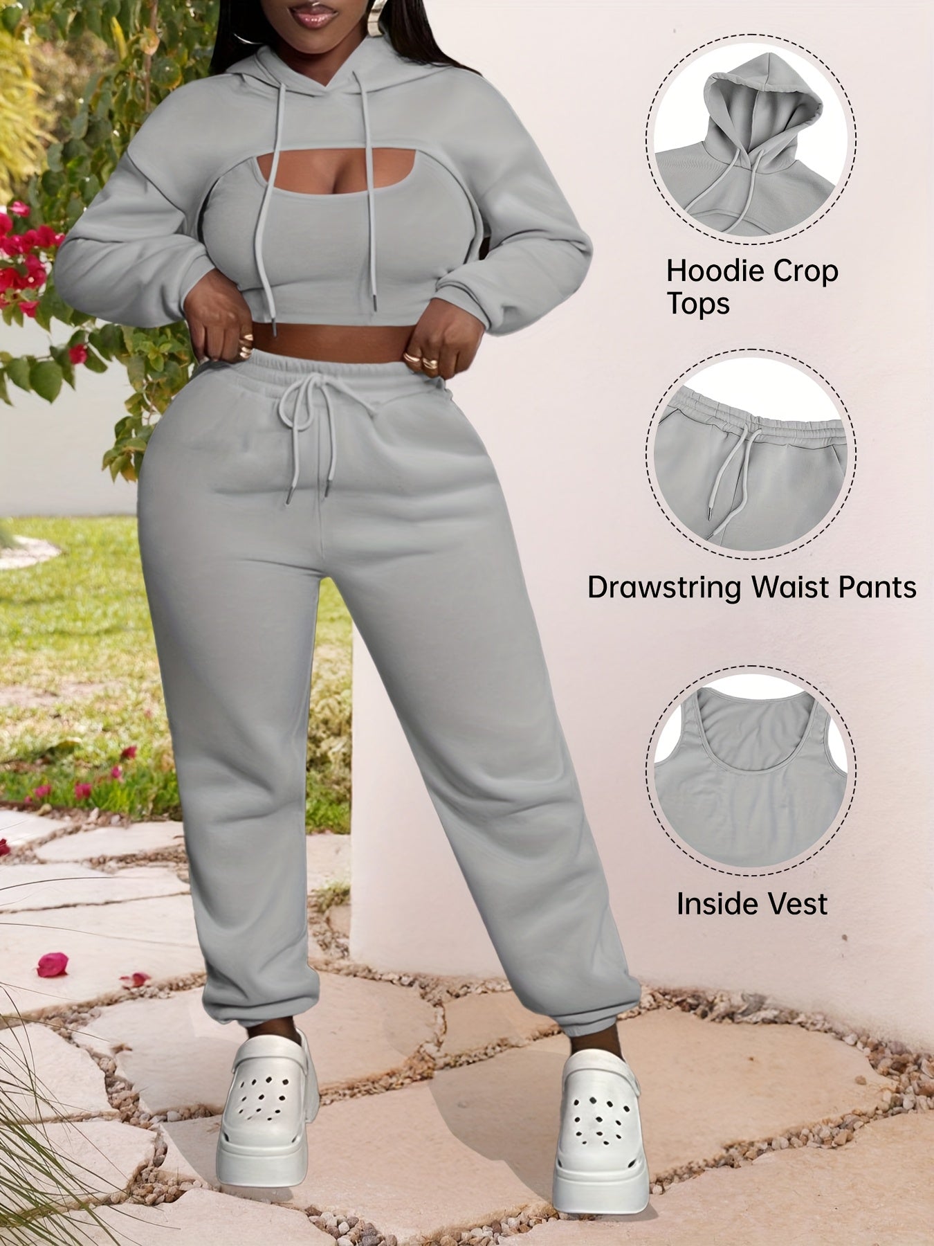 Women'S 3pcs Sweatsuits Sets Sexy Super Cropped Hoodie Tank Top And High Waisted Jogger Sweatpants Matching Loungewear Athleisure Outfits