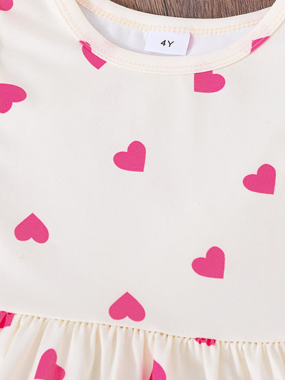 3pcs Cute Girls' Sleeveless Pink Dress Set with Butterfly And Heart Prints | Spring/Summer, Knitted Fabric, Regular Fit