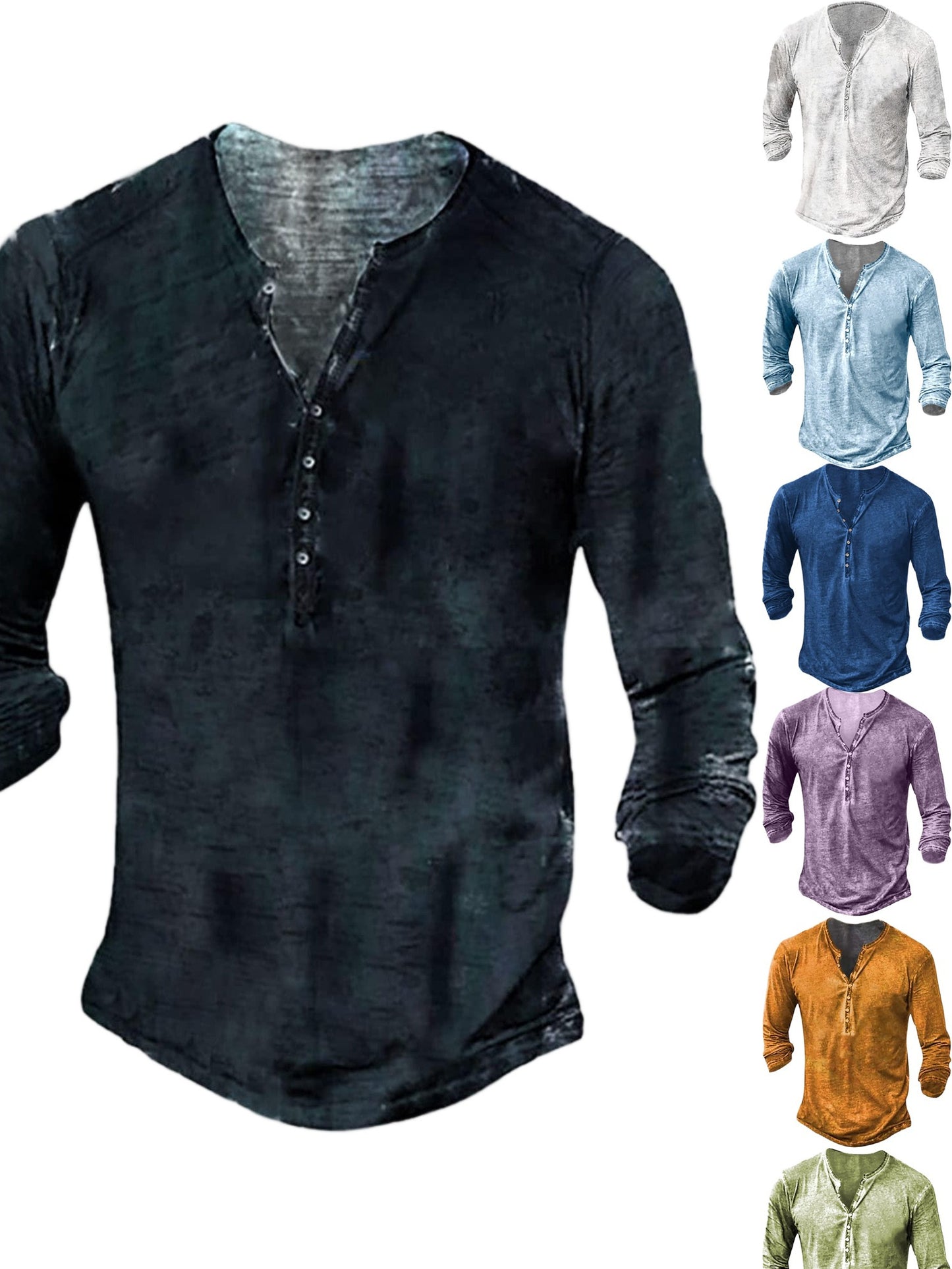 Men'S Distressed Henley Shirts with Front Placket, Retro Long Sleeve T-Shirts, Casual Button- Washed T-Shirts for Men