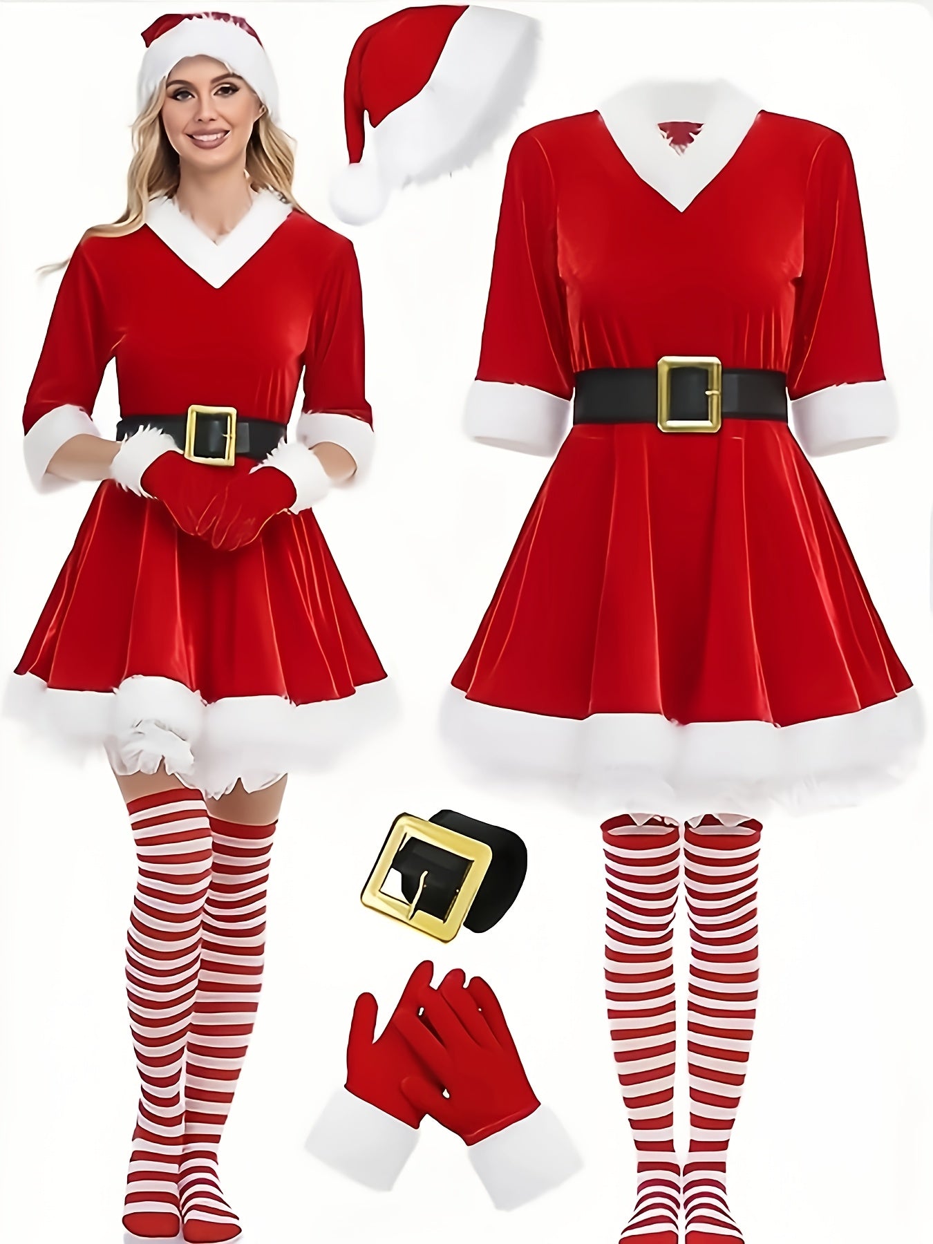 Women's Christmas Dresses, Santa Claus Role-playing Costumes, 5pcs Set, Velvet Round Neck, 3/4 Sleeves with Skirt, Hat, Socks, Belt, Gloves, Plush Decorations, Clothing On /promotion/bestseller