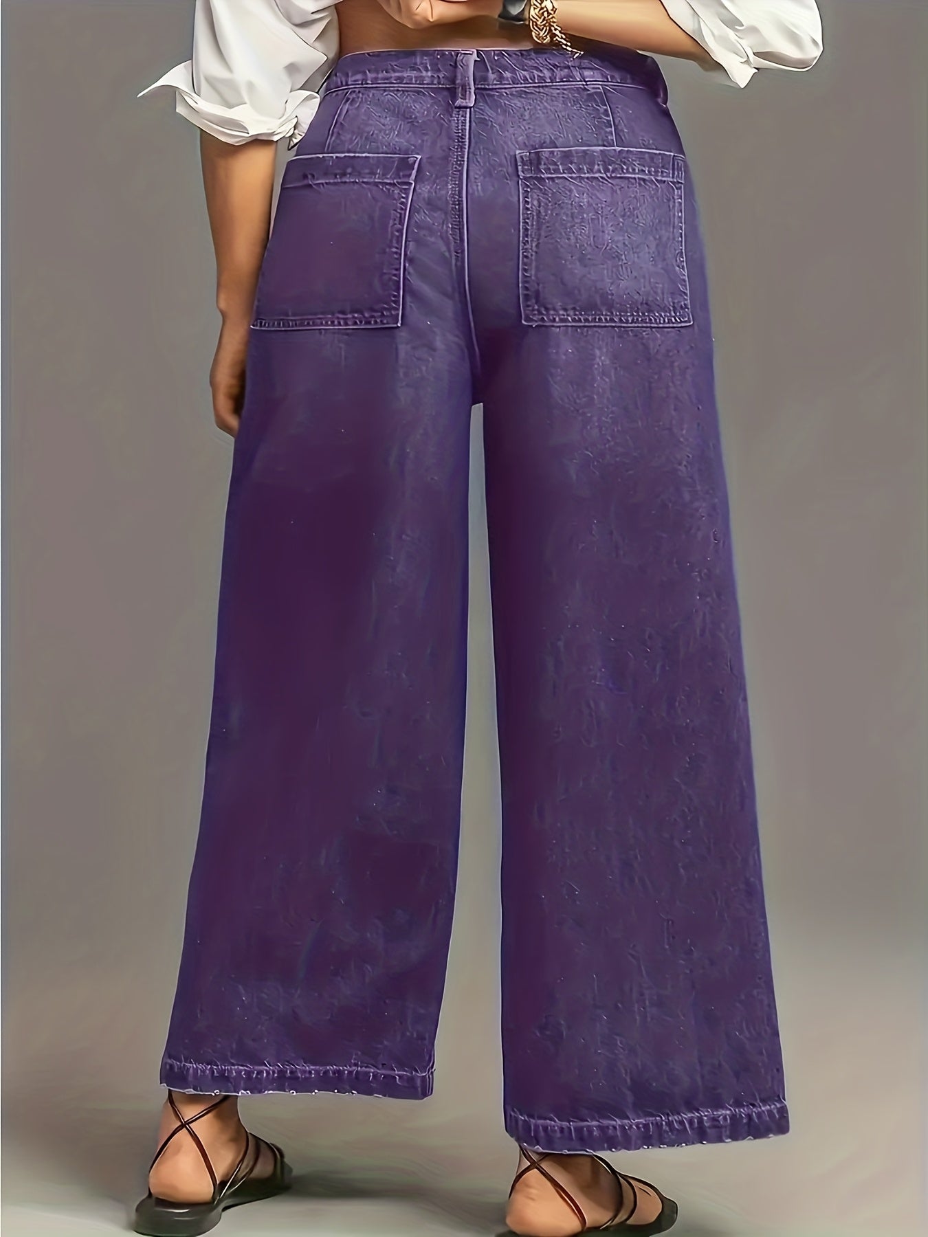 1pc Women's Plus-Size Wide-Leg Stretch Denim Jeans - Oversized Loose-Fit Heavy-Duty Washed Pants with Belt Loops & Zipper Closure, Multi-Pocket All-Season Casual & Workwear Trousers (Machine Washable) - Washed Blue