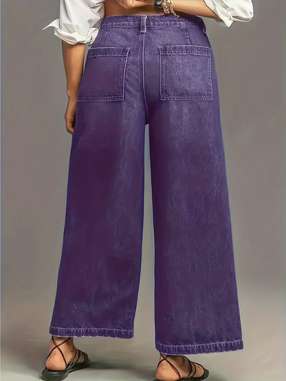 1pc Women's Plus-Size Wide-Leg Stretch Denim Jeans - Oversized Loose-Fit Heavy-Duty Washed Pants with Belt Loops & Zipper Closure, Multi-Pocket All-Season Casual & Workwear Trousers (Machine Washable) - Washed Blue