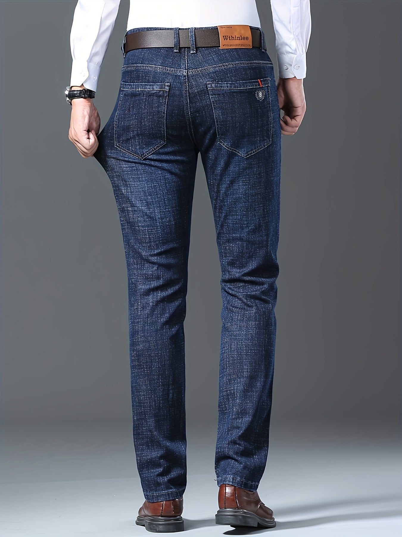 Men's High-Stretch Straight-Leg Business Casual Jeans - Premium Water-Washed Denim, Regular Fit Light Blue with Red Stitching, Autumn/Winter Formal & Casual Attire
