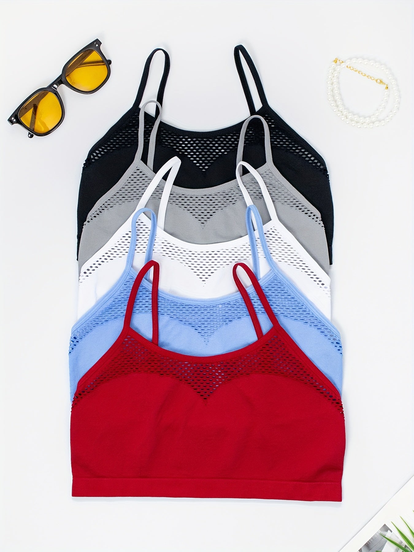 5pcs Multi-Color Seamless Sexy Hollow Out Breathable Fishing Net Outer Wear Daily Bra And Seamless Adjustable Straps Casual Ladies Camisole Tank Bra
