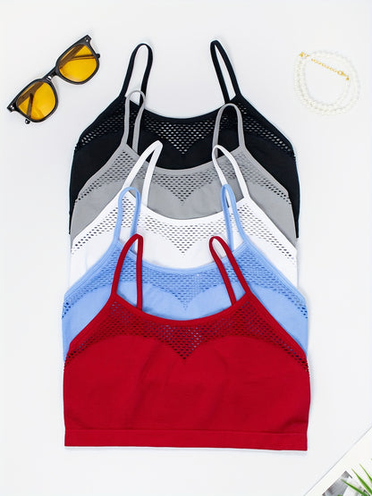 5pcs Multi-Color Seamless Sexy Hollow Out Breathable Fishing Net Outer Wear Daily Bra And Seamless Adjustable Straps Casual Ladies Camisole Tank Bra
