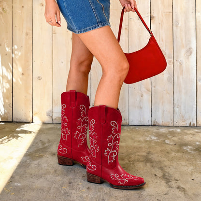 DREAM PAIRS Women's Cowboy Cowgirl Western Mid Calf Boots Square Toe Embroidered Stitched Pull On Country Boots with Low Chunky Heel