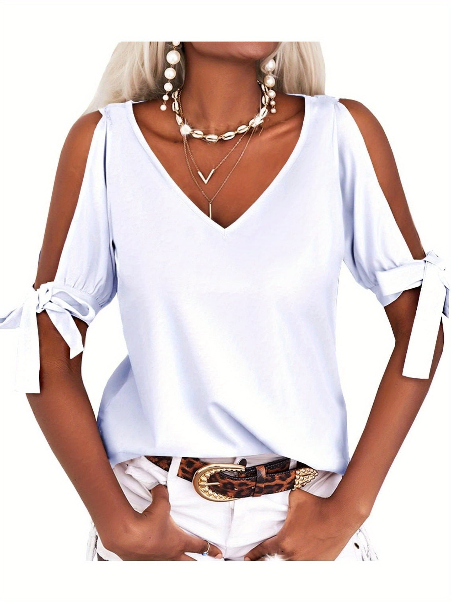 Women's Cold Shoulder Tops Short Sleeve V-Neck Casual Loose Cutout Summer Fashion Tshirts Blouse Shirts