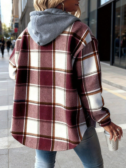 Plaid Hooded Jacket for Women Featuring a Lining, Perfect for Chilly Fall And Winter Days. It Has an Adjustable Hood And a Button-Front Closure, And Is Machine Washable. Available in Brown, Beige, White, And Black