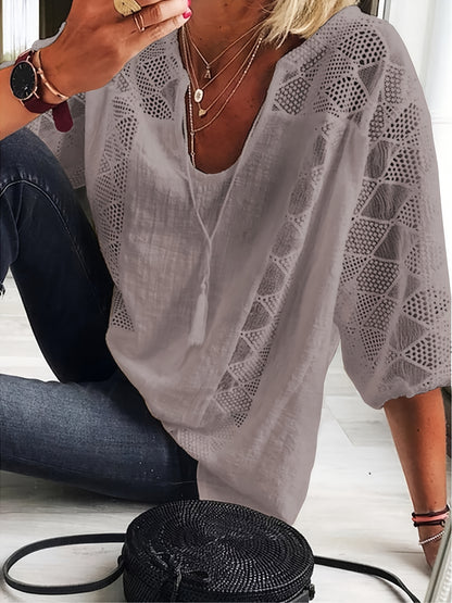 Plus Size - Plus Size - Plus Size Women'S 3/4 Sleeve Lined Tunic Top - Light Gray V-Neck Casual Loose Fit Shirt with Geometric Eyelet Detailing, High-Quality Autumn Tee for Layering Or Standalone Outfits, L-5XL