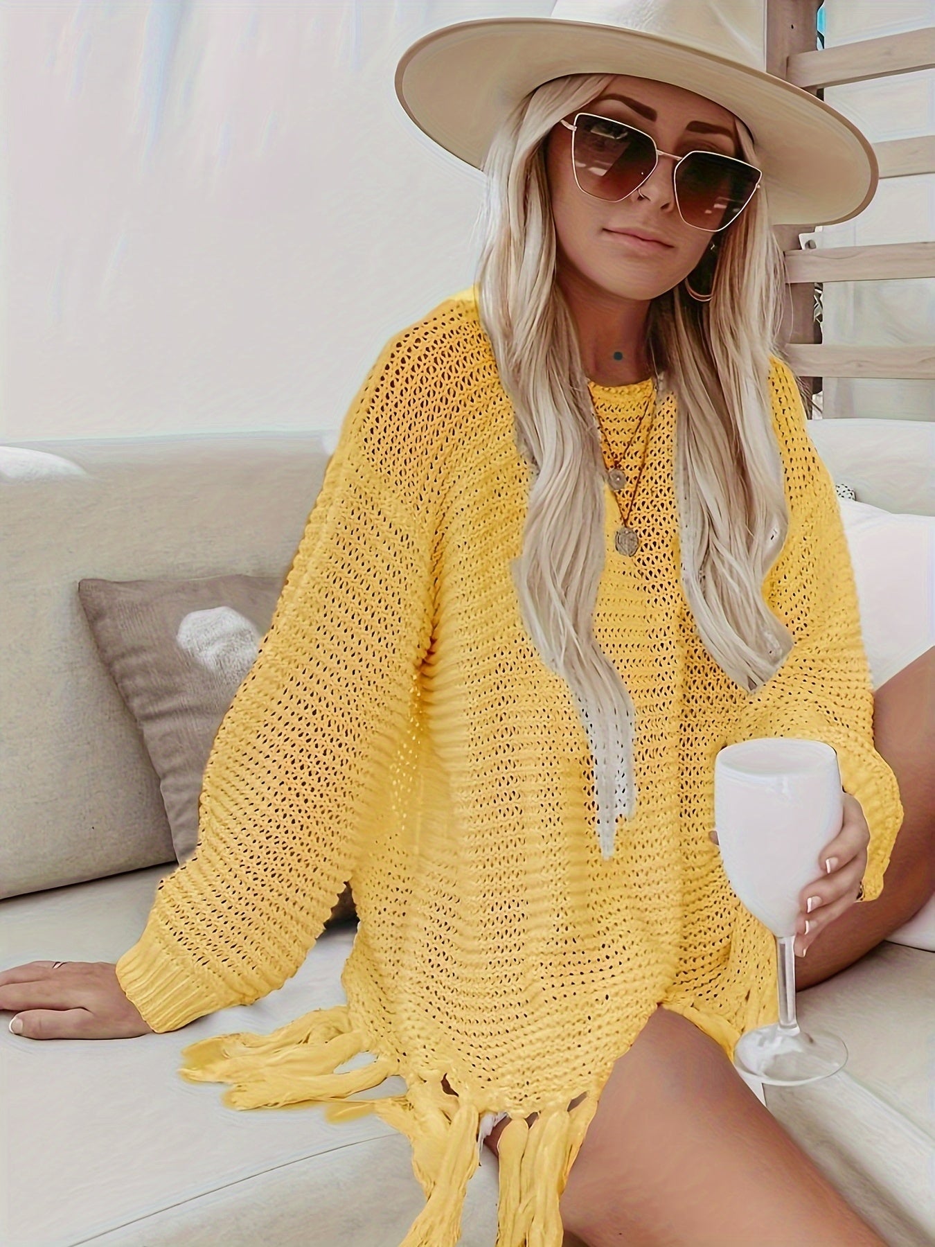 Women's Hollow Tunic Crochet Tops Beach Cover Poncho Summer Beach Cover Up Dress