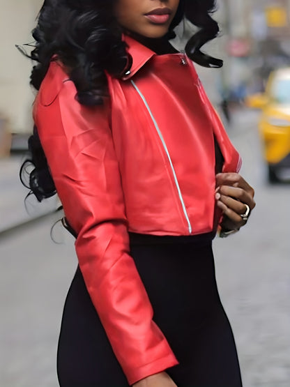 Short Versatile Biker Jacket for Women in Autumn Made of Faux Leather with a Easy Design