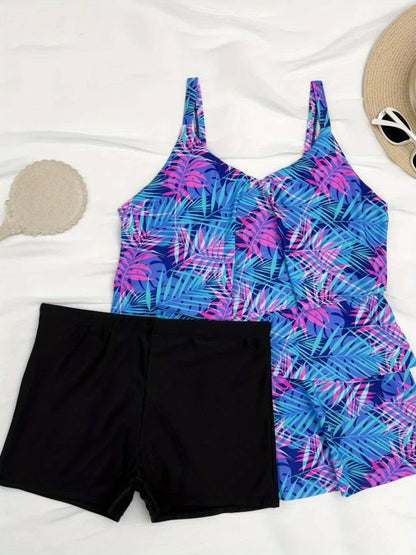 Leaf Print Layer Ruffle 2pcs Set Tankini, Asymmetric Cami Top & Plain Boxer Shorts Swimsuits, Women's Swimwear & Clothing