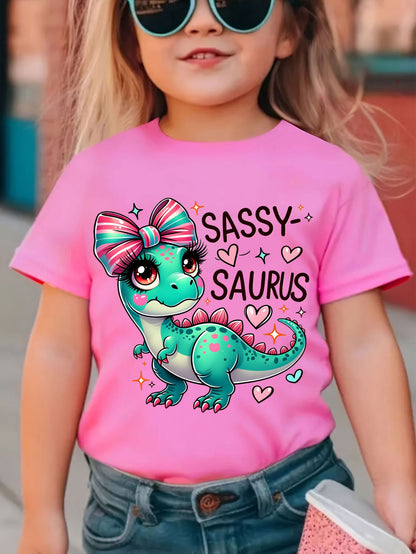 Fashion Girls' "SASSY SAURUS" Cartoon Letter Print Loose T-Shirt | Casual Summer Knit Top with Crew Neck, Slight Stretch Fabric, Regular Sleeves, Asymmetrical Hem - GOURD DOLL